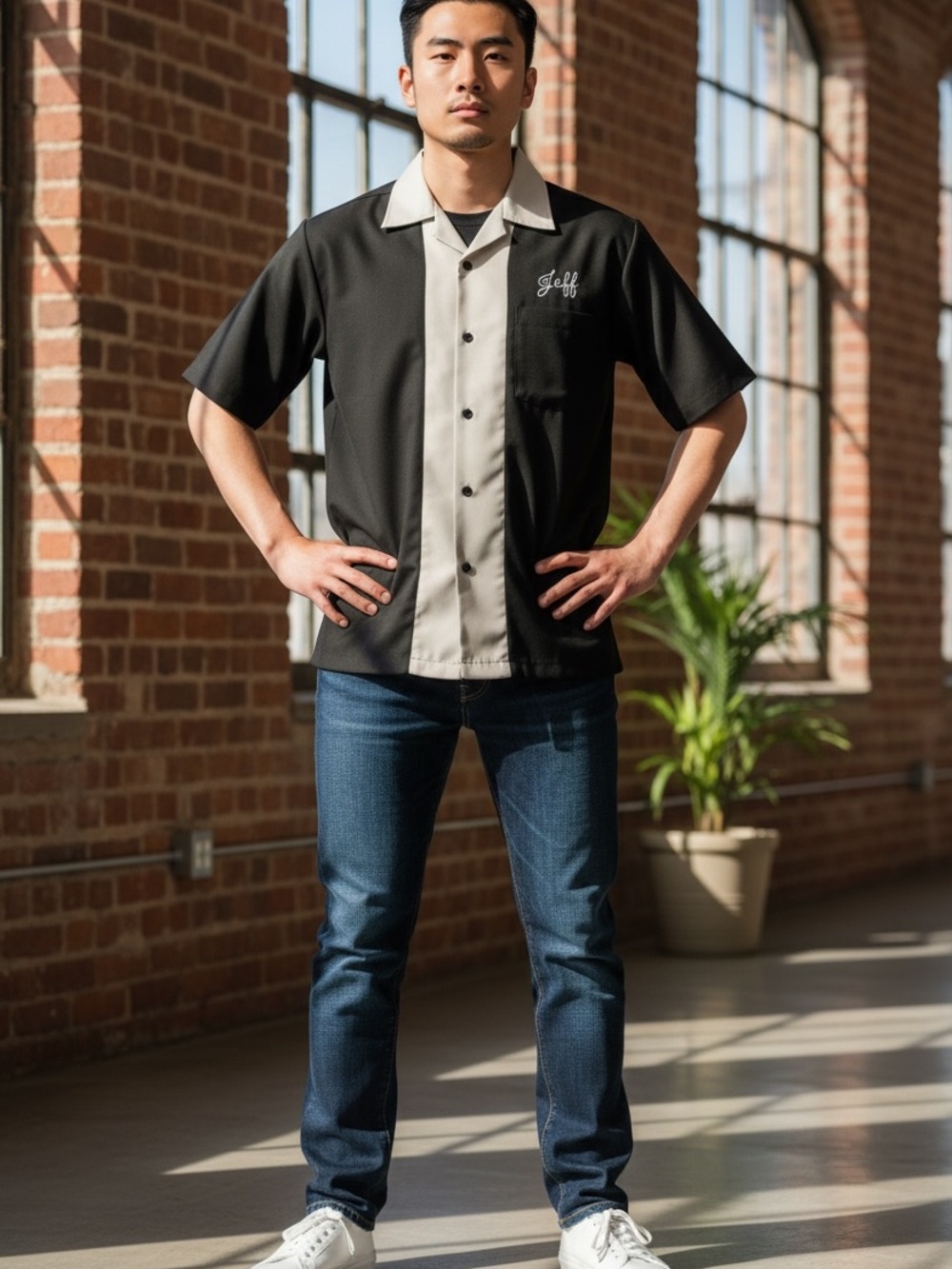 Vintage Black and Cream Bowling Shirt with 'Jeff' Script